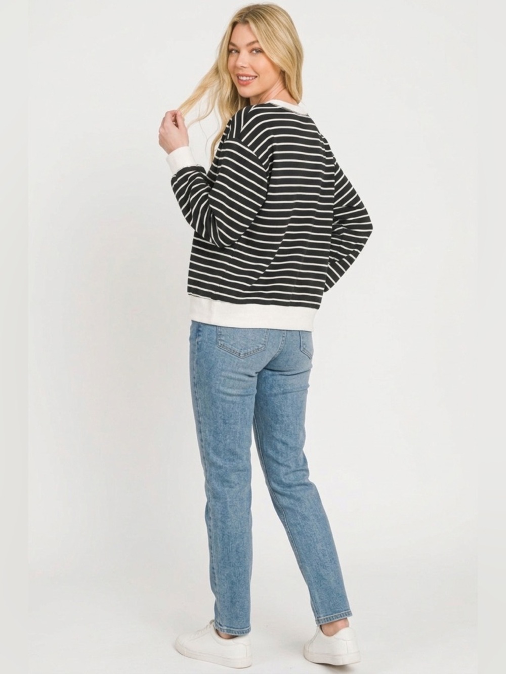 Zenana Striped Rib Banded Sweatshirt - Picture 3 of 4